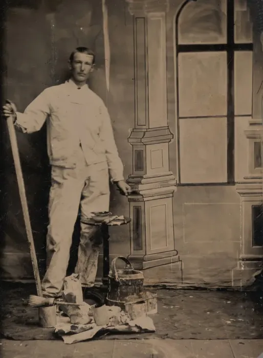 Framed Print : [Painter, Standing in Front of a Painted Window Backdrop, with Brushes, Bucket, and P Framed Print : [Painter, Standing in Front of a Painted Window Backdrop, with Brushes, Bucket, and P