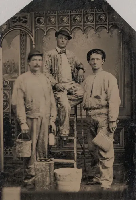 Framed Print : Three Painters, Arranged On and Around a Ladder, with Brushes, Bucket, and Paint Can Framed Print : Three Painters, Arranged On and Around a Ladder, with Brushes, Bucket, and Paint Can