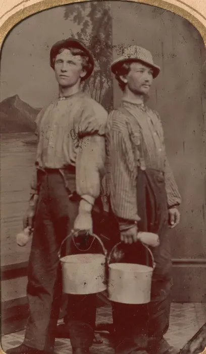 Framed Print : Two Painters with Brushes and Buckets, 1874. Creator: Unknown Framed Print : Two Painters with Brushes and Buckets, 1874. Creator: Unknown