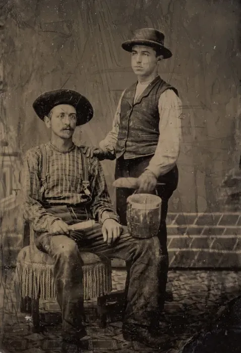 Framed Print : Two Painters, One Seated and One Standing, with Brushes and a Bucket, 1860s-80s Framed Print : Two Painters, One Seated and One Standing, with Brushes and a Bucket, 1860s-80s