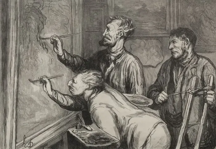 Framed Print : The Painters: The Last Stroke of the Brush, Exposition of 1868. Creator: Honore Daumier Framed Print : The Painters: The Last Stroke of the Brush, Exposition of 1868. Creator: Honore Daumier
