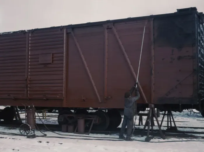 Framed Print : Painting a car at the repair or rip'tracks at North Proviso(?), C & NW RR, Chicago, Ill. 1942. Creator: Jack Delano