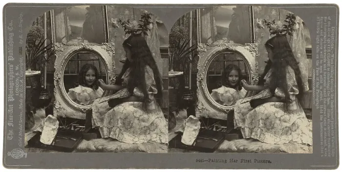 Framed Print : Painting her First Picture, 1880s. Creator: The Fine Art Photographers Co Framed Print : Painting her First Picture, 1880s. Creator: The Fine Art Photographers Co