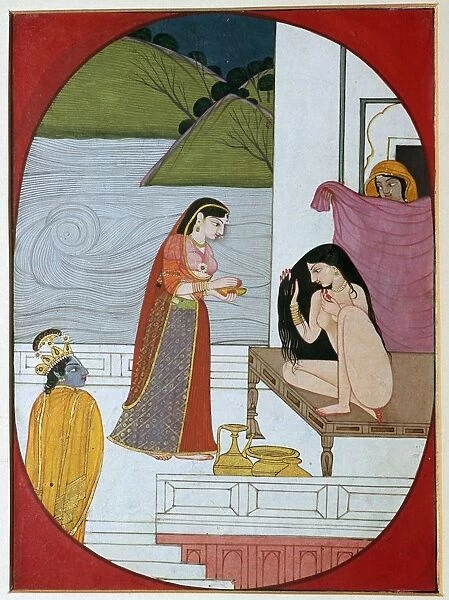 Painting of the god Khrishna watching Radha at her bath, 19th century