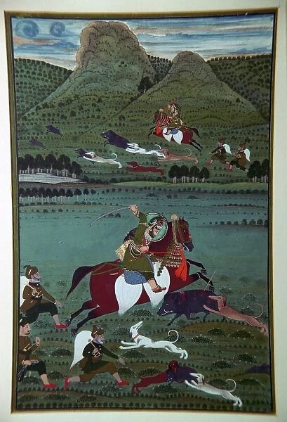 Painting of Maharana Jawan Singh hunting wild boars, 19th century