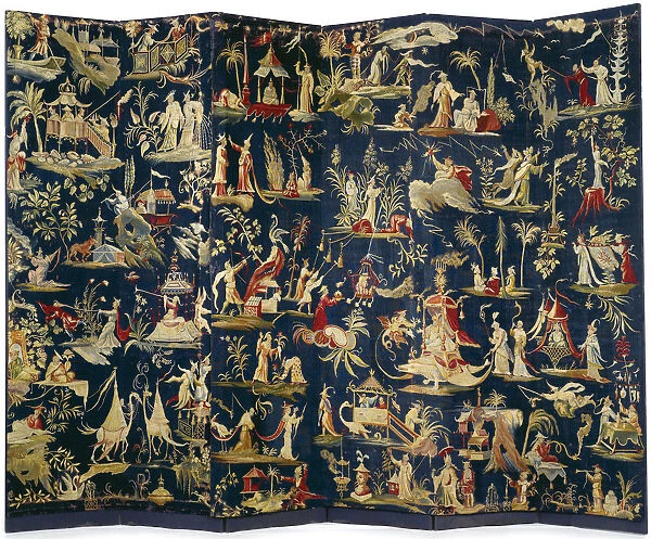 A pair of Brussels Chinoiserie tapestry-covered six-fold screens, ca 1712