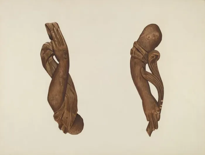 Framed Print : Pair of Carved Wooden Arms, c. 1937. Creator: John Davis Framed Print : Pair of Carved Wooden Arms, c. 1937. Creator: John Davis