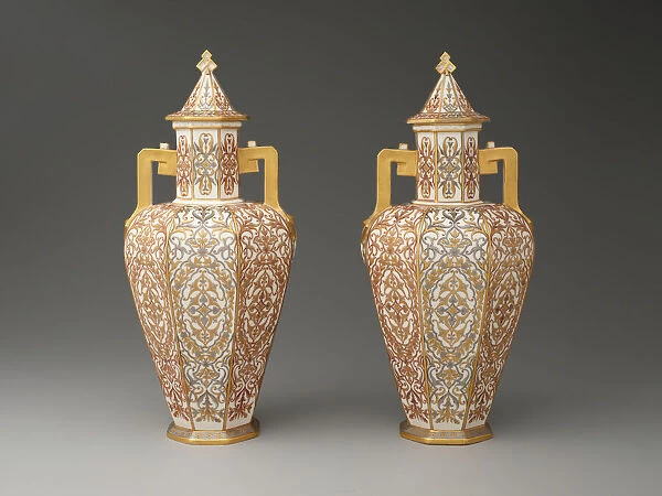 Pair of Covered Vases, England, c. 1885. Creator: Crown Derby