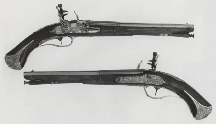Framed Print : Pair of Flintlock Pistols, Brescia, 18th century. Creators: Lazzarino Cominazzo Framed Print : Pair of Flintlock Pistols, Brescia, 18th century. Creators: Lazzarino Cominazzo