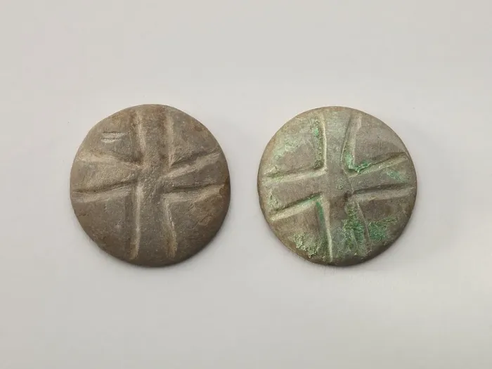 Framed Print : Pair of gaming disks with cross design, 1200-1400. Creator: Unknown
