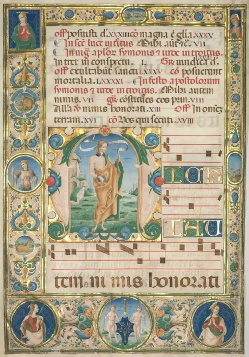 Framed Print : Pair of Graduals: Initial (M) with St. Andrew (recto) and Mass for the Dead (recto), c Framed Print : Pair of Graduals: Initial (M) with St. Andrew (recto) and Mass for the Dead (recto), c