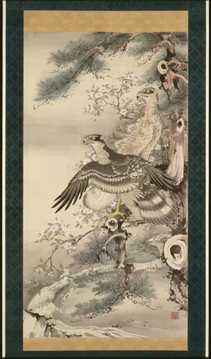 Framed Print : Pair of Hawks with Branch and Blossoms. Artist: Shohaku, Soga (1730-1781) Framed Print : Pair of Hawks with Branch and Blossoms. Artist: Shohaku, Soga (1730-1781)