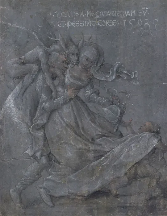 Framed Print : Pair of lovers with the Devil and Cupid, 1503. Artist: Strigel, Bernhard (ca 1460-1528) Framed Print : Pair of lovers with the Devil and Cupid, 1503. Artist: Strigel, Bernhard (ca 1460-1528)