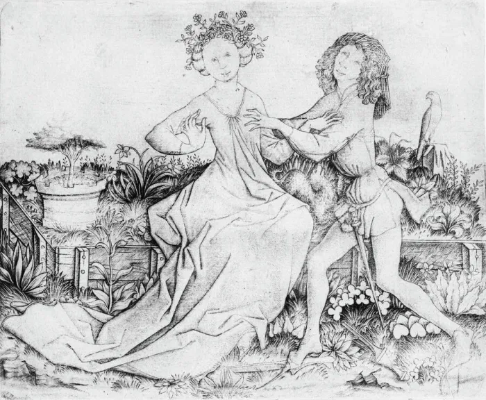 Framed Print : Pair of Lovers on a Grassy Bench, 15th century. Creator: Master ES Framed Print : Pair of Lovers on a Grassy Bench, 15th century. Creator: Master ES
