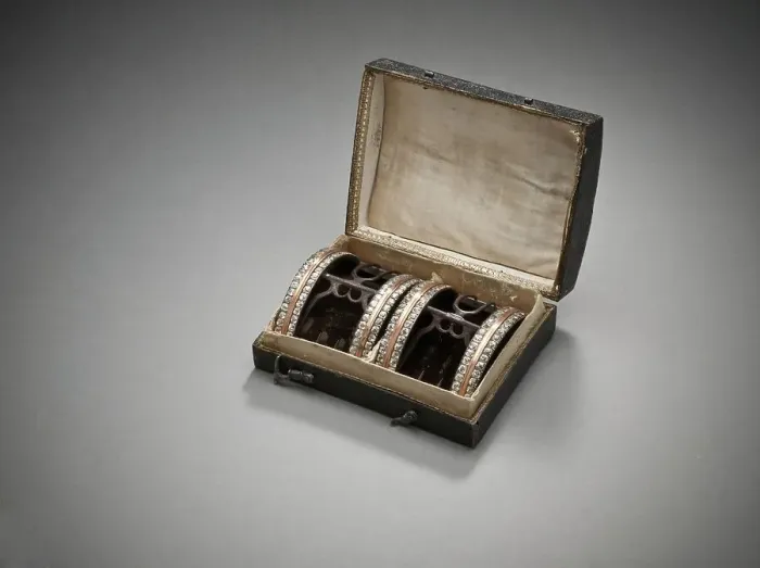 Framed Print : Pair of man's shoe buckles with case, c.1785, c.1785. Creator: Unknown Framed Print : Pair of man's shoe buckles with case, c.1785, c.1785. Creator: Unknown