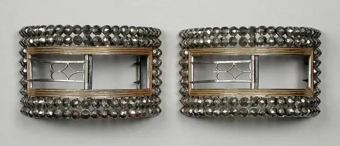 Framed Print : Pair of man's steel and gilt wire shoe buckles, England, c.1777 and c.1785. Creator: Unknown Framed Print : Pair of man's steel and gilt wire shoe buckles, England, c.1777 and c.1785. Creator: Unknown