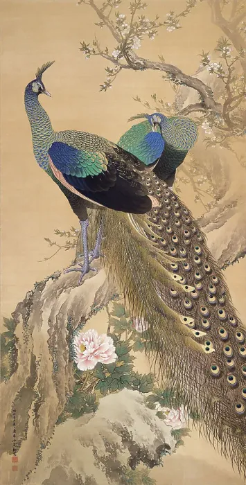 Framed Print : A Pair of Peacocks in Spring, 1901. Creator: Keinen, Imao (1845-1924) Framed Print : A Pair of Peacocks in Spring, 1901. Creator: Keinen, Imao (1845-1924)