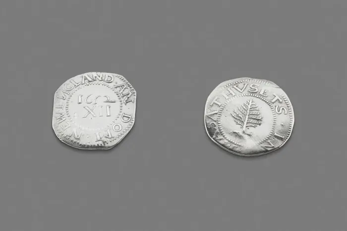 Framed Print : Pair of Pine Tree Shillings, 1663 / 82. Creators: John Hull, Robert Sanderson Framed Print : Pair of Pine Tree Shillings, 1663 / 82. Creators: John Hull, Robert Sanderson