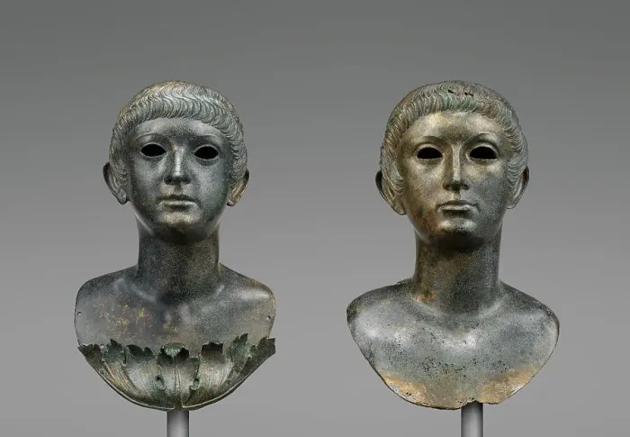 Framed Print : Pair of Portrait Busts of Youths and an Unrelated Pair of Marble Eyes, A.D. 60-70. Creator: Unknown Framed Print : Pair of Portrait Busts of Youths and an Unrelated Pair of Marble Eyes, A.D. 60-70. Creator: Unknown