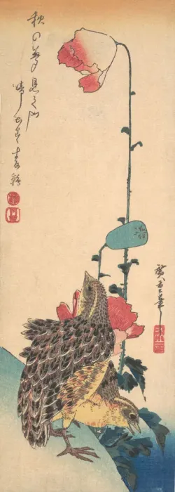 Framed Print : A Pair of Quails and Poppies, ca. 1835. ca. 1835. Creator: Ando Hiroshige Framed Print : A Pair of Quails and Poppies, ca. 1835. ca. 1835. Creator: Ando Hiroshige