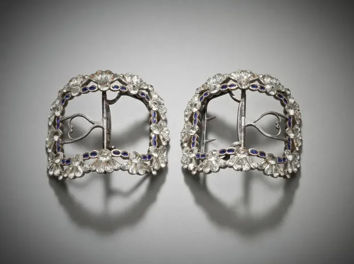 Framed Print : Pair of woman's shoe buckles, with paste stones, England, c.1780-1785. Creator: Unknown Framed Print : Pair of woman's shoe buckles, with paste stones, England, c.1780-1785. Creator: Unknown
