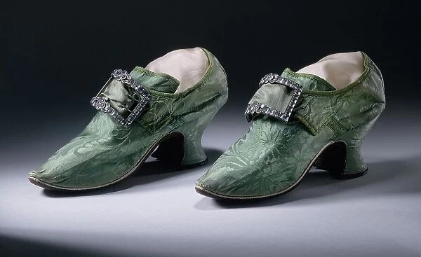 Pair of woman's silk damask shoes with buckles, between 1740 and 1750. Creator: Unknown