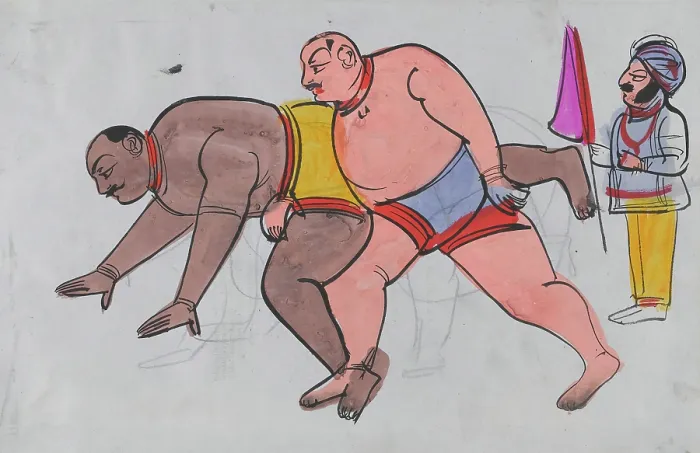 Framed Print : A pair a wrestlers with referee. Creator: Unknown Framed Print : A pair a wrestlers with referee. Creator: Unknown