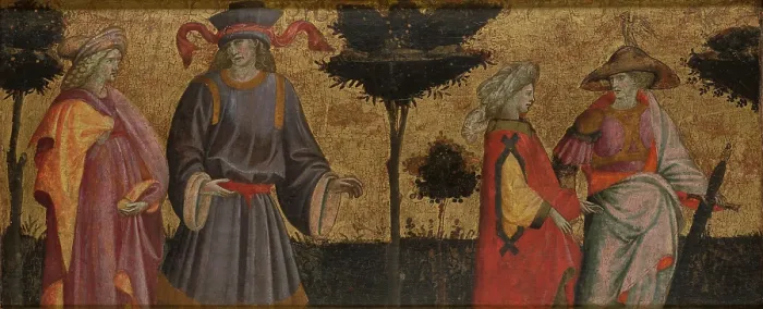 Framed Print : Pairs of Famous Lovers: Paris and Helen [?] and Tristan and Iseult-Front Panel of Cassone, c1430. Creator: Giovanni dal Ponte