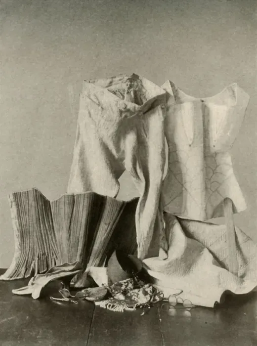 Framed Print : Two pairs of stays; breeches; bead bag; purse and quilted petticot, c18th century, (1937) Framed Print : Two pairs of stays; breeches; bead bag; purse and quilted petticot, c18th century, (1937)