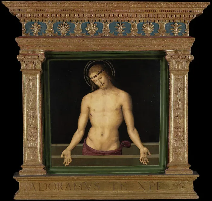 Framed Print : Pala dei Decemviri: The Man of Sorrows, 1495-1496. Creator: Perugino (ca. 1450-1523) Framed Print : Pala dei Decemviri: The Man of Sorrows, 1495-1496. Creator: Perugino (ca. 1450-1523)