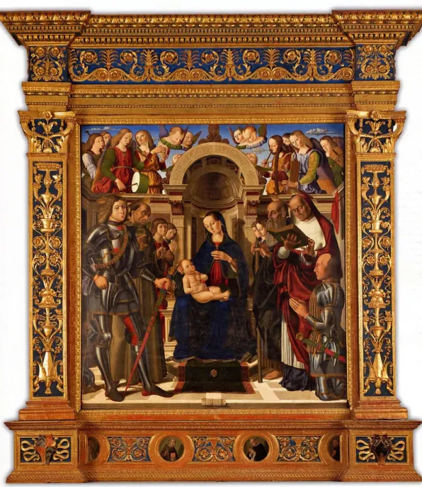 Framed Print : Pala Oliva. Madonna and Child enthroned between Saints George, Francis of Assisi…, 1489 Framed Print : Pala Oliva. Madonna and Child enthroned between Saints George, Francis of Assisi…, 1489