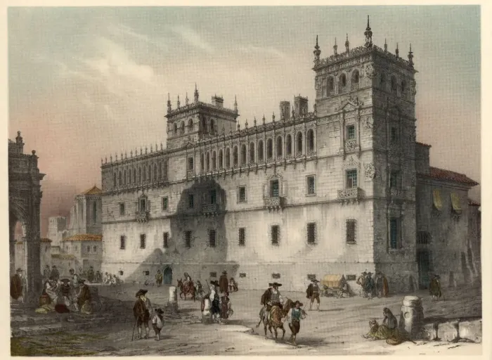 Framed Print : Palace of Condes de Monterrey in Salamanca, with scenes of life and traditional costumes Framed Print : Palace of Condes de Monterrey in Salamanca, with scenes of life and traditional costumes