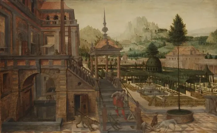 Framed Print : Palace Gardens with Poor Lazarus in the foreground, 1550-1606. Creator: Hans Vredeman de Vries Framed Print : Palace Gardens with Poor Lazarus in the foreground, 1550-1606. Creator: Hans Vredeman de Vries