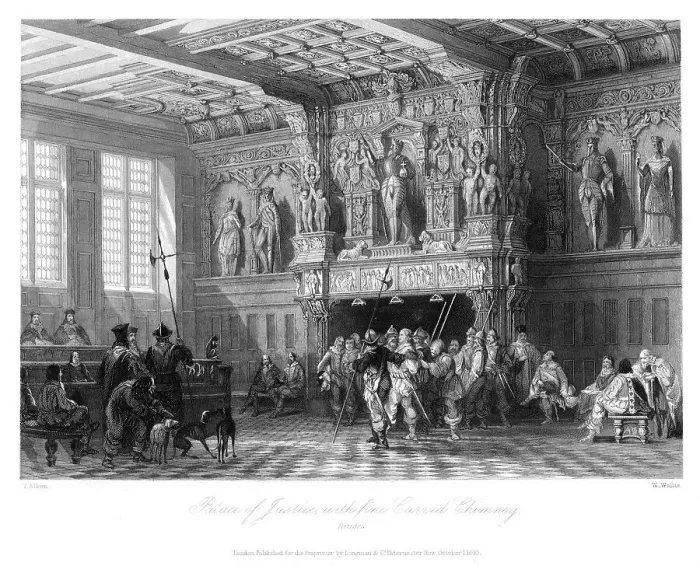 Framed Print : Palace of Justice, with fine carved chimney, Bruges, 1840. Artist: W Wallis Framed Print : Palace of Justice, with fine carved chimney, Bruges, 1840. Artist: W Wallis