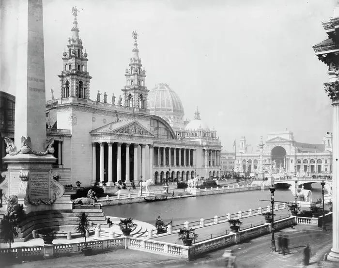 Framed Print : Palace of Mechanic Arts and lagoon at the World's Columbian Exposition, Chicago, Illinois, 1892. Creator: Frances Benjamin Johnston Framed Print : Palace of Mechanic Arts and lagoon at the World's Columbian Exposition, Chicago, Illinois, 1892. Creator: Frances Benjamin Johnston