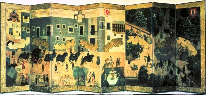 Framed Print : The Palace of the Viceroys, anonymous folding screen oil painted, belonging to Mexican culture Framed Print : The Palace of the Viceroys, anonymous folding screen oil painted, belonging to Mexican culture