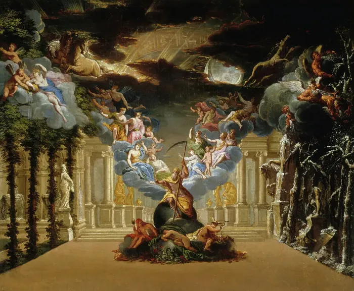 Framed Print : The Palais du Temps. Scenery for the prologue of Atys, lyrical tragedy by Lully, c1708. Creator: Jacques Vigoureux Duplessis. The Palais du Temps. Scenery for the prologue of Atys, lyrical tragedy by Lully, c1708 Framed Print : The Palais du Temps. Scenery for the prologue of Atys, lyrical tragedy by Lully, c1708. Creator: Jacques Vigoureux Duplessis. The Palais du Temps. Scenery for the prologue of Atys, lyrical tragedy by Lully, c1708