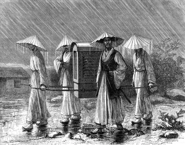 Framed Print : Palanquin bearers in rain costume, Korea, 19th century. Artist: Mario Azzopardi Framed Print : Palanquin bearers in rain costume, Korea, 19th century. Artist: Mario Azzopardi