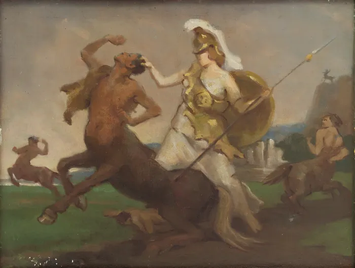 Framed Print : Palas Athena in Fight against Centaurs, 1917. Creator: Milan Thomka Mitrovsky Framed Print : Palas Athena in Fight against Centaurs, 1917. Creator: Milan Thomka Mitrovsky