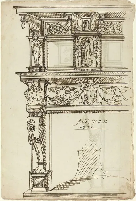 Framed Print : Palatial Mantelpiece with Mercury and Hope [recto], 1571. Creator: Unknown