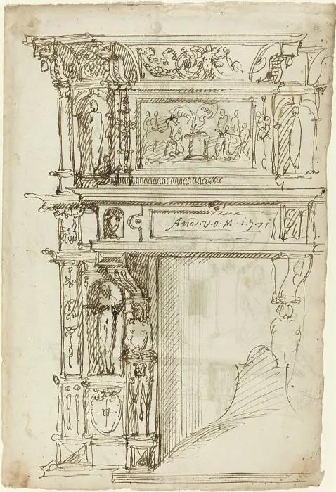 Framed Print : Palatial Mantelpiece with a Scene of Ancient Sacrifice [recto], 1571. Creator: Unknown