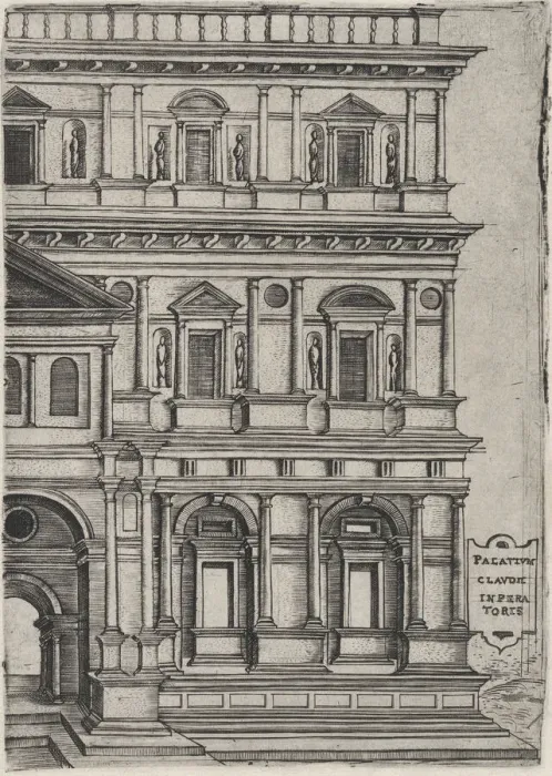 Framed Print : Palatium Claudie Imperatoris, from a Series of 24 Depicting (Reconstructed) B... Plate ca. 1530-50. Creator: Anon Framed Print : Palatium Claudie Imperatoris, from a Series of 24 Depicting (Reconstructed) B... Plate ca. 1530-50. Creator: Anon