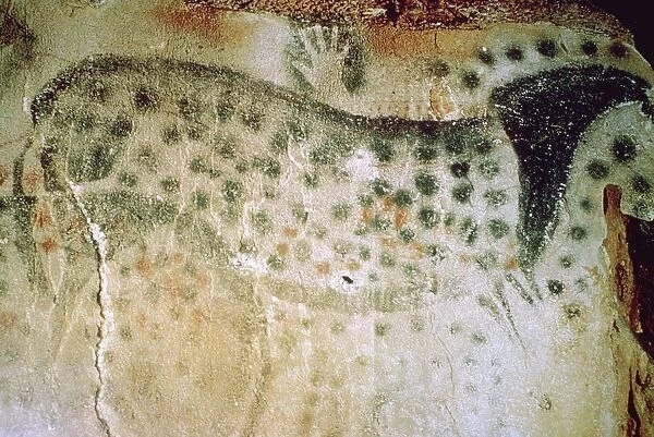 Paleolithic cave-painting of a horse and human hands from France