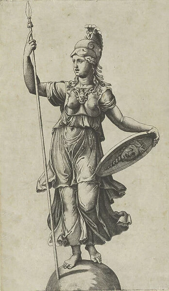 Pallas Athena standing on a globe, a spear in her left hand, a shield in her right, ... ca. 1520-27. Creator: Marcantonio Raimondi