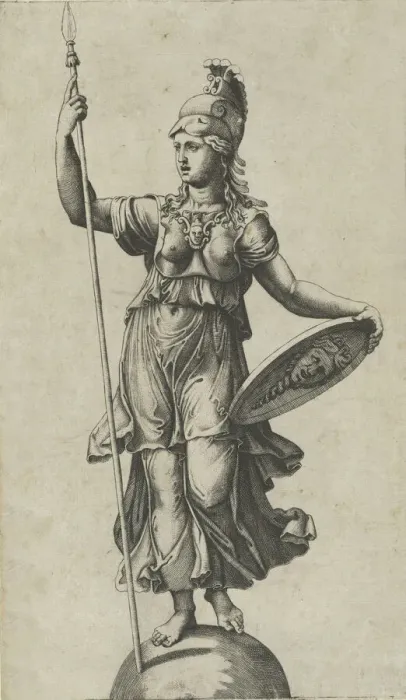 Framed Print : Pallas Athena standing on a globe, a spear in her left hand, a shield in her right... ca. 1520-27. Creator: Marcantonio Raimondi Framed Print : Pallas Athena standing on a globe, a spear in her left hand, a shield in her right... ca. 1520-27. Creator: Marcantonio Raimondi