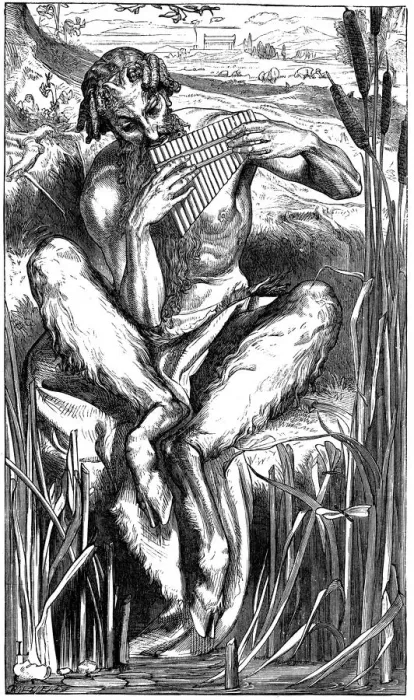 Framed Print : Pan playing his pipes, Wood engraving, London, 1862. Artist: Frederic Leighton Framed Print : Pan playing his pipes, Wood engraving, London, 1862. Artist: Frederic Leighton