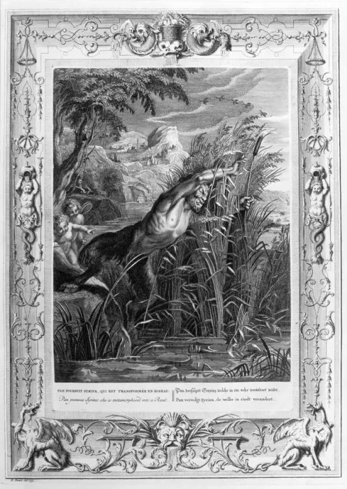 Framed Print : Pan pursues Syrinx who is transformed into a reed, 1733. Artist: Bernard Picart Framed Print : Pan pursues Syrinx who is transformed into a reed, 1733. Artist: Bernard Picart