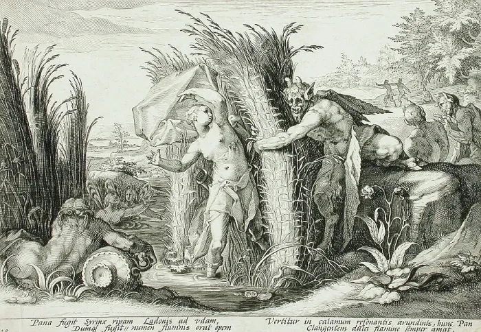Framed Print : Pan Pursuing Syrinx, Who Is Changed into a Reed, published 1589. Creator: Hendrik Goltzius Framed Print : Pan Pursuing Syrinx, Who Is Changed into a Reed, published 1589. Creator: Hendrik Goltzius
