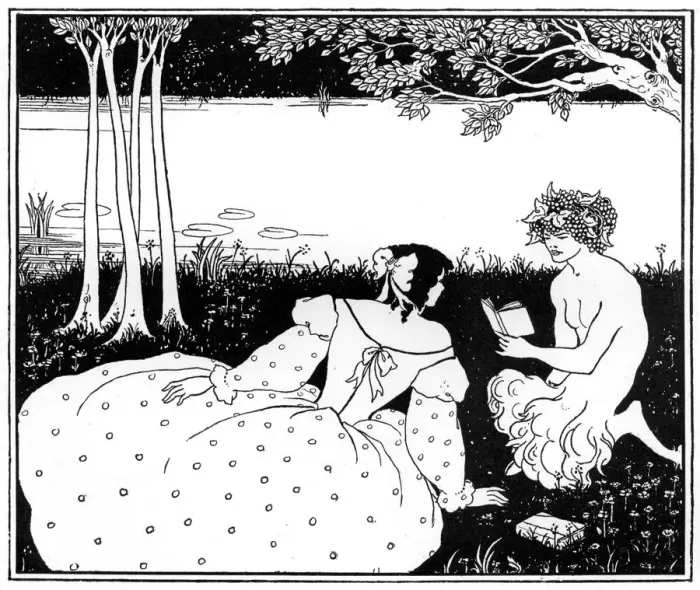 Framed Print : Pan reading to a woman by a brook, 1898. Artist: Aubrey Beardsley Framed Print : Pan reading to a woman by a brook, 1898. Artist: Aubrey Beardsley