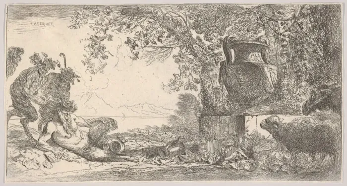 Framed Print : Pan reclining at left with two standing satyrs, a large vase on a pedestal at right, ca Framed Print : Pan reclining at left with two standing satyrs, a large vase on a pedestal at right, ca